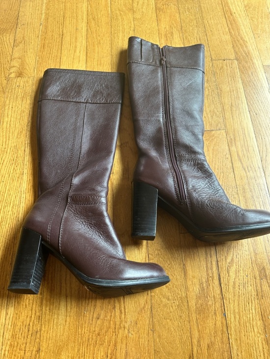 Nine West Shoes - Nine West Dark Brown Leather Mid-Calf Block Heel Boots